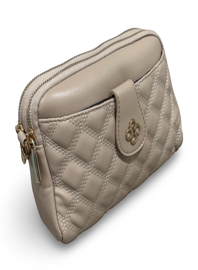 GLOSSY Quilted PU Sling Bag For Women, 2 Zip Compartments with Detachable Straps (Beige) - Image 1